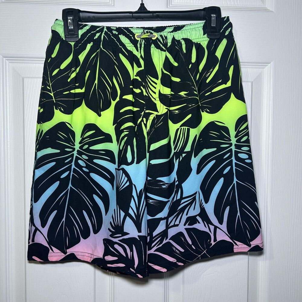 Wonder Nation Swim Shorts Boys 14-16 Multicolor Tropical Leaf Board Trunks Lined